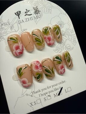 Press-On Nails in Natural Nude with Pink Flowers Medium